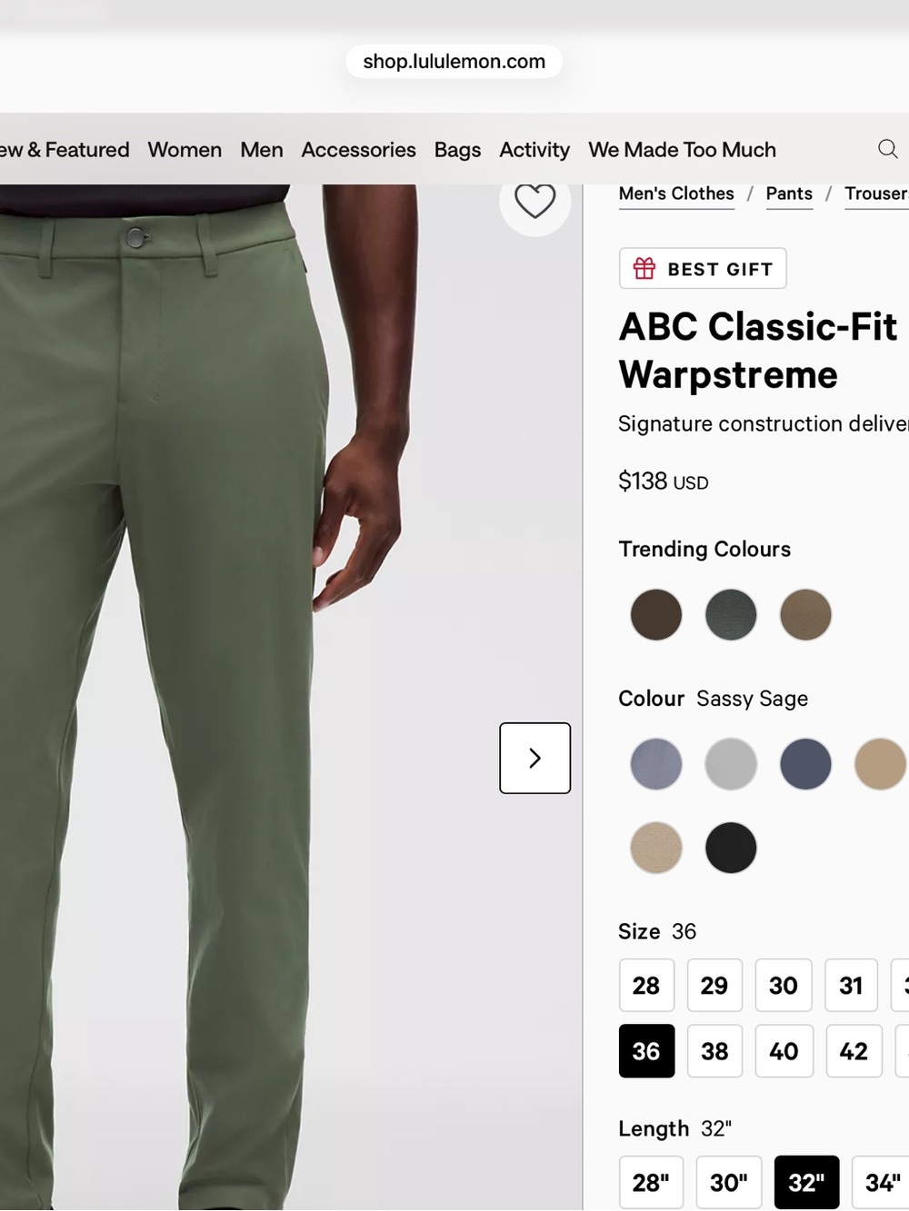 lululemon athletica Men’s Chinos — Sassy Sage Green